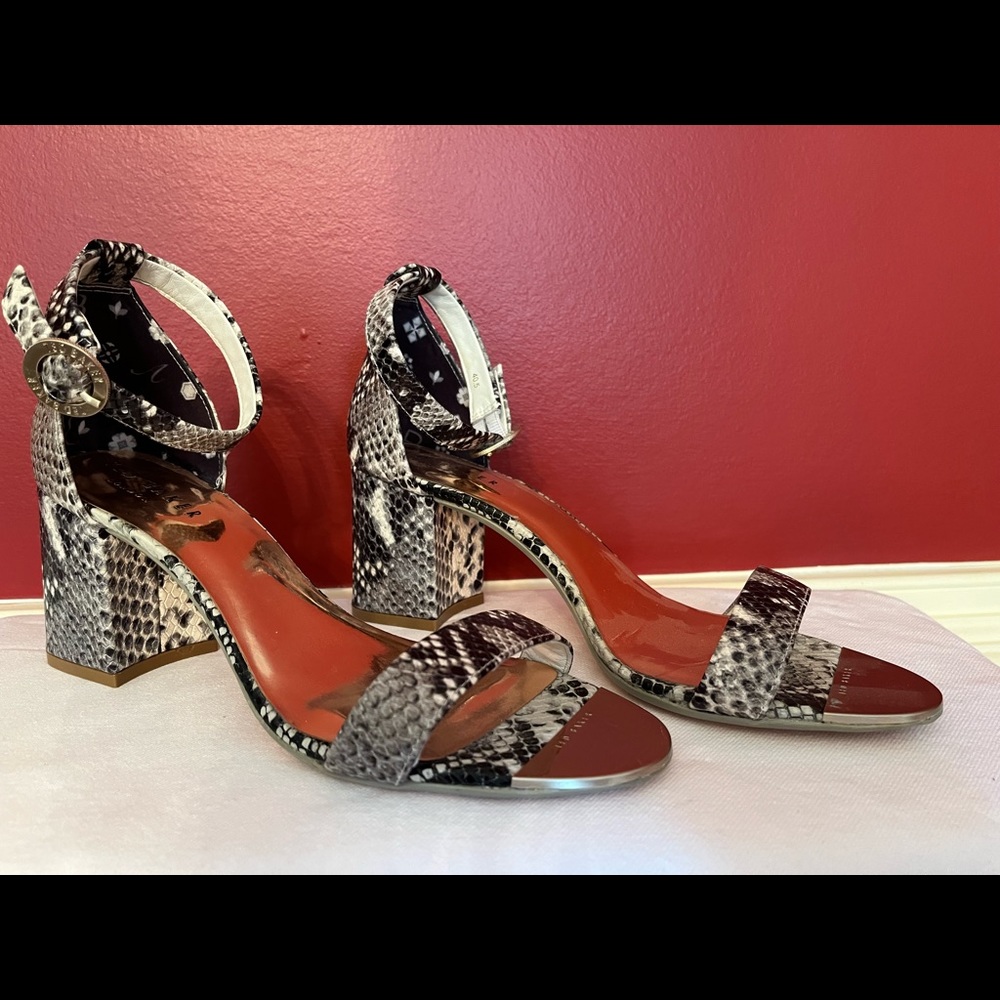 Ted Baker block heel snakeskin sandals, size 10